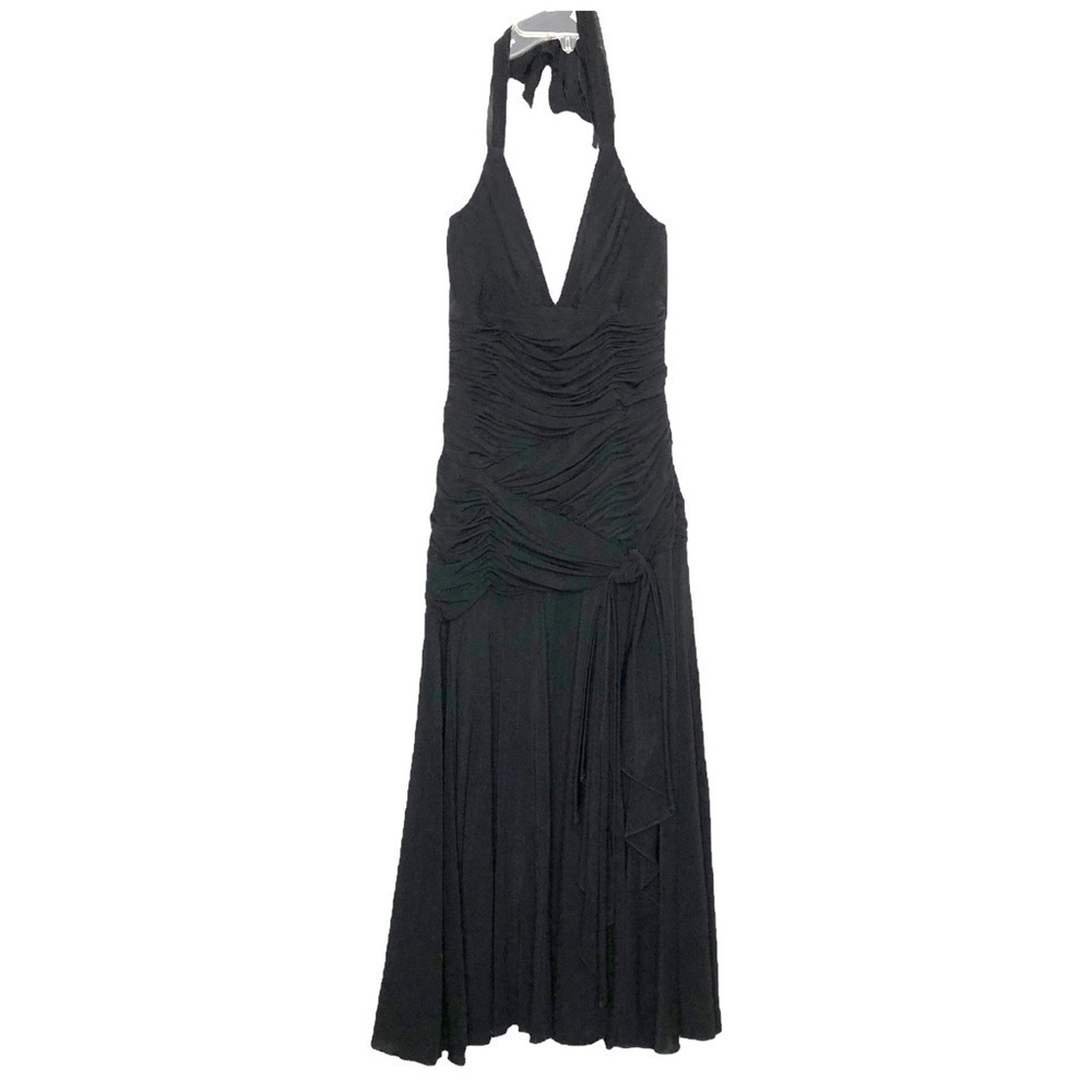 BCBGMAXAZRIA - Long Black Formal Halter Tie B- Neck Ruched Dress - Size Small - Picture 1 of 8